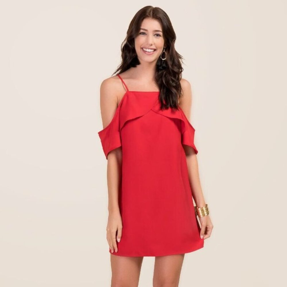 Francesca's Krista Ruffle Cold Shoulder Flutter Dress Red